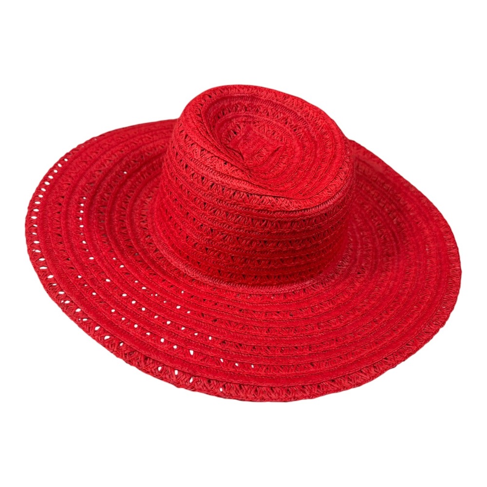 Red Straw Sun Hat Wide Brim Perforated Summer Beach Vacation Retro - Picture 2 of 5